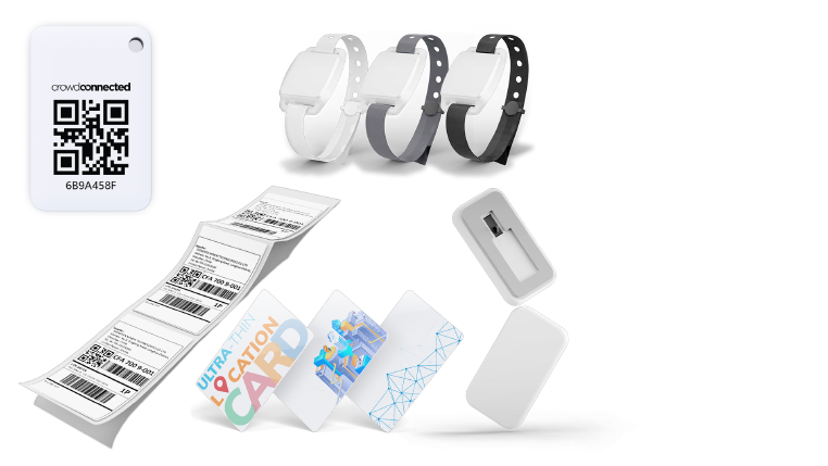 Many BLE tag form factors are available and are compatible with Crowd Connected