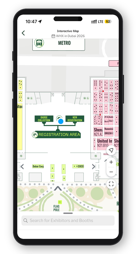 WHX Events mobile app showing blue dot navigation on the interactive floor map