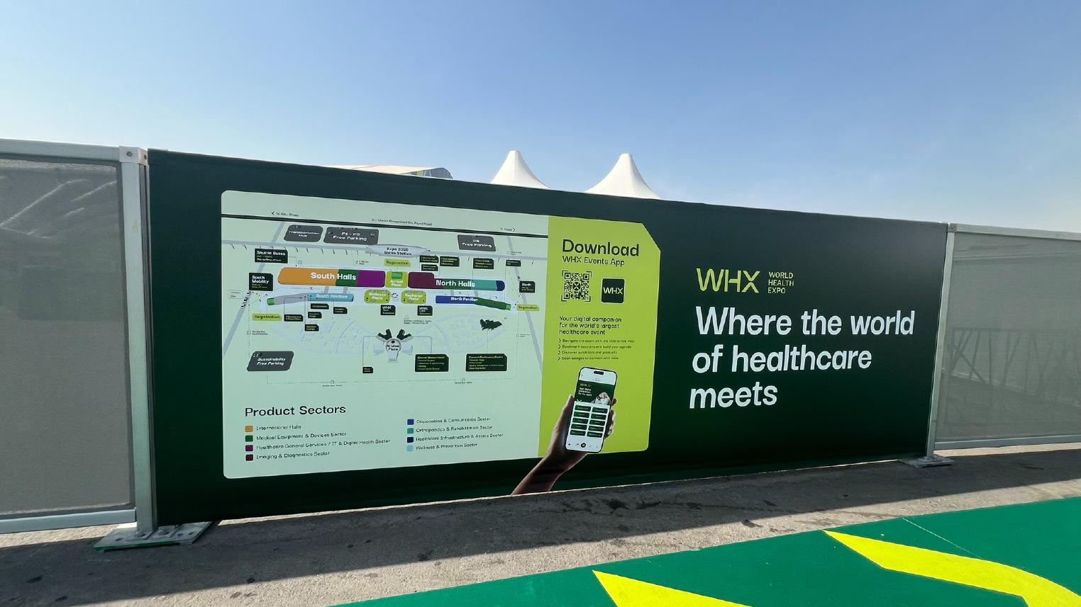 WHX Dubai 2026 venue signage showing the interactive floor map and event app